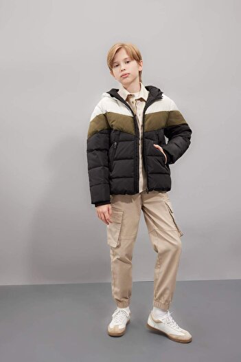 DeFacto Boy's Water Repellent Hooded Zippered Pocket Fleece Lined Coat C5511A824Wn