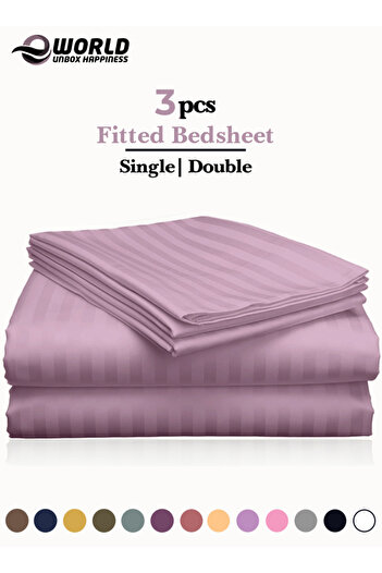 Eworld 3 Piece Pink Striped Cotton Single Bed Sheet Set – Fitted Sheet & 2 Pillowcases