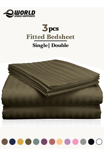 Eworld 3 Piece Olive Green Striped Cotton Single Bed Sheet Set – Fitted Sheet & 2 Pillowcases