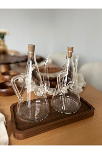 Amentes 3 Piece Glass Oil Pot Set - 2 X 500 ml Oil Pot Sauce Bowl Vinegar Bowl Wooden Base