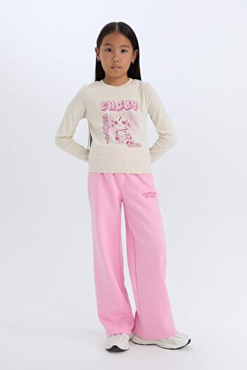 DeFacto Kız Çocuk Wide Leg Geniş Bol Paça Beli Lastikli Baskılı Eşofman Altı D2762A824WN