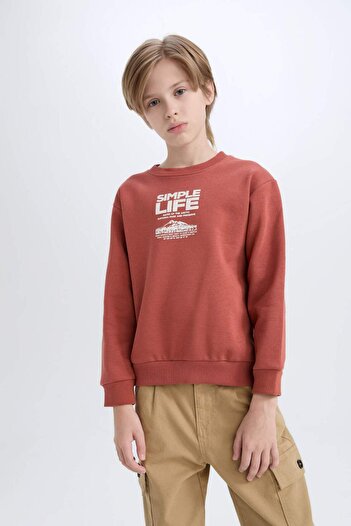 DeFacto Erkek Çocuk Bisiklet Yaka Baskılı İçi Yumuşak Tüylü Sweatshirt D6209A824CW