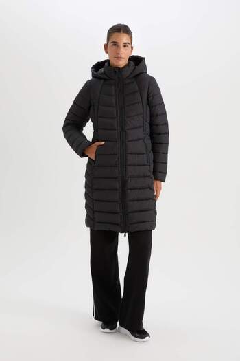 DeFacto Dlouhá péřová bunda - Parka s kapucí, Slim Fit, kapsa na zip