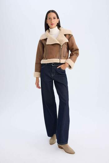 DeFacto Double Breasted Collar Zippered Pocket Seasonal Plush Lined Jacket Coat D3993Ax24Wn