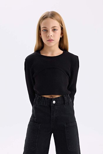 DeFacto Girl's Fitted Crew Neck Sweater Black Sweater D1393A824Wn