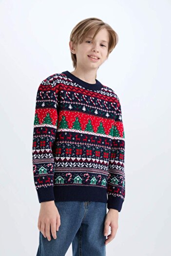 DeFacto Boy's Christmas Themed Crew Neck Knitwear Sweater D5792A824Cw