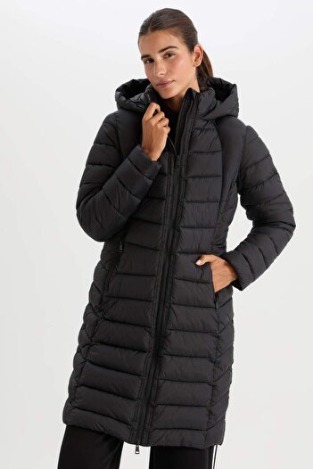 DeFacto Dlouhá péřová bunda - Parka s kapucí, Slim Fit, kapsa na zip