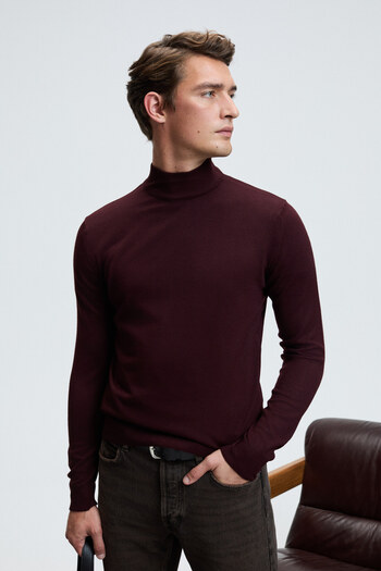 GRIMELANGE Rebel Men's Half Turtleneck Basic Regular Fit Knitwear Claret Red Sweater
