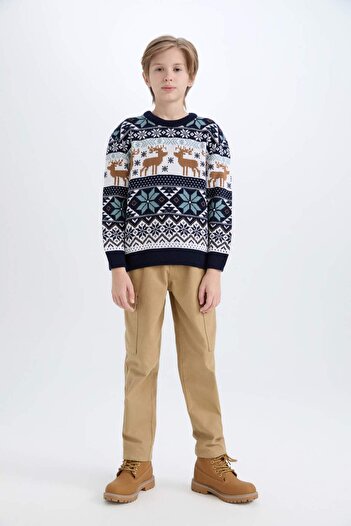 DeFacto Boy's Crew Neck Christmas Themed Knitwear Sweater C9619A824Cw