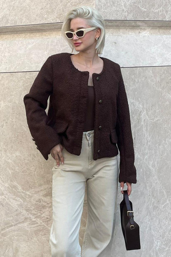 Madmext Knitwear Boucle Jacket - Brown, Buttoned, Pocket Detailed - Mg2170