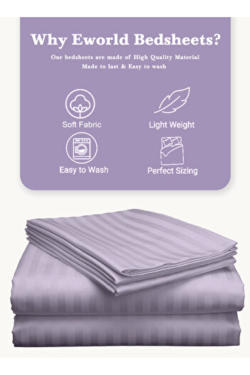Eworld 3 Piece Lilac Striped Cotton Single Bed Sheet Set – Fitted Sheet & 2 Pillowcases