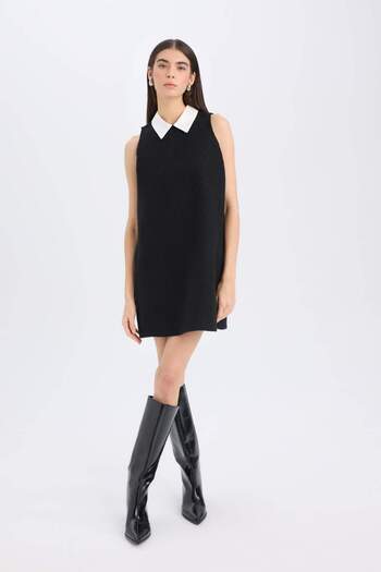 DeFacto A-Line Shirt Collar Basic Plain Tweed Sleeveless Mini Black Dress D2869Ax24Au
