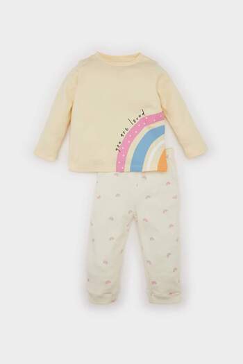 DeFacto Rainbow Printed Baby Girl Pajama Set - Long Sleeve, Elastic Waist, D8647A524Au