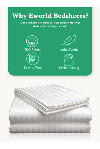 Eworld 3 Piece White Striped Cotton Single Bed Sheet Set – Fitted Sheet & 2 Pillowcases