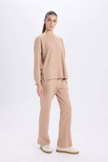 DeFacto Pajama Set Regular Fit Basic Plain Long Sleeve Top Wide Loose Leg Bottom-Fall in Love D2259Ax24Wn