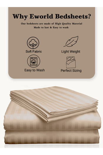 Eworld 3 Piece Cream Striped Cotton Single Bed Sheet Set – Fitted Sheet & 2 Pillowcases