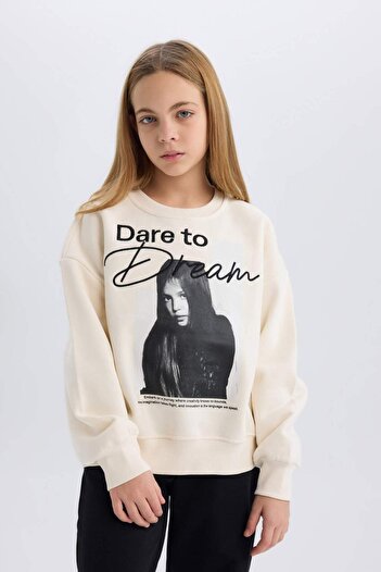 DeFacto Girl's Oversize Wide Fit Crew Neck Printed Sweatshirt D5452A824Wn