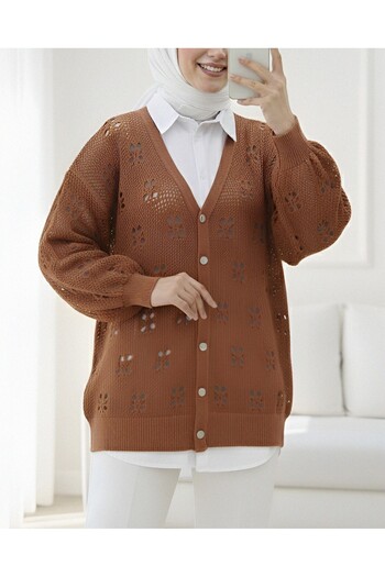 Modamorfo Buttoned Openwork Araboy Knitwear Cinnamon Cardigan