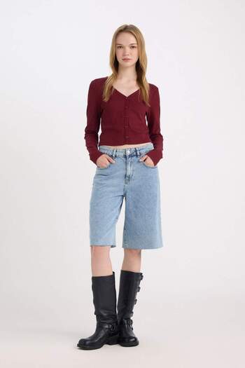 DeFacto Fitted V-Neck Basic Plain Corded Camisole Cardigan D9619Ax24Wn
