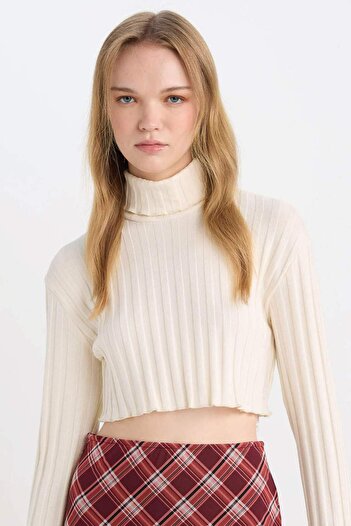 DeFacto Turtleneck Crop Top - Straight Ribbed Long Sleeve T-Shirt E1673Ax24Wn