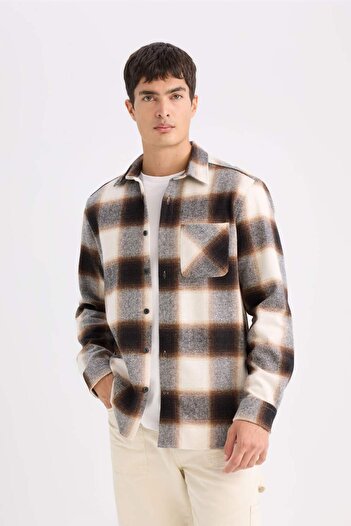 DeFacto Regular Fit Polo Yaka Kareli Flanel Uzun Kollu Gömlek D2320AX24AU