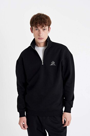 DeFacto Comfort Regular Fit Comfortable Fit Zippered Stand Collar Printed Sweatshirt C6132Ax24Au