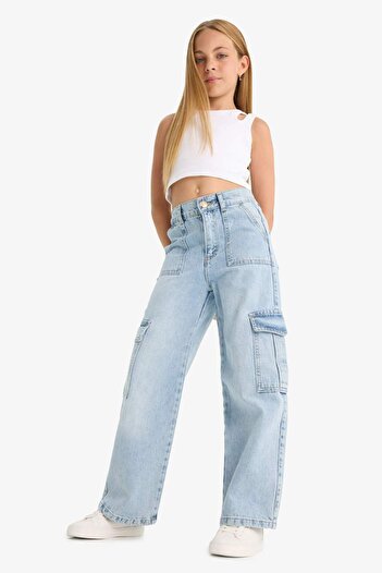 DeFacto Girl's Wide Leg Cargo Wide Leg Jean Trousers C8540A824Au
