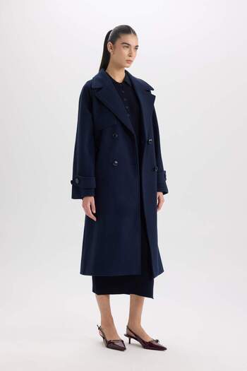 DeFacto Long Stamp Coat - Regular Fit, Button-Down Collar, Epaulette with Pockets, Belt D3999Ax24Wn
