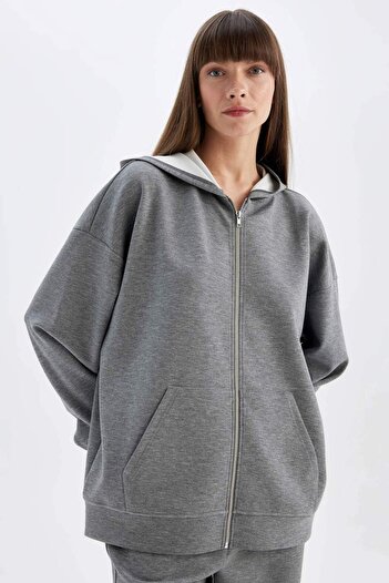 DeFacto Oversize Wide Fit Hooded Basic Plain Skuba Diver Fabric Zippered Sweatshirt with Pockets C6871Ax24Au