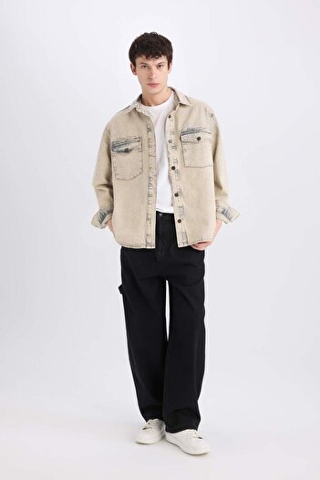 DeFacto 100% Cotton Relax Fit Pocket Long Sleeve Jean Shirt D0447Ax24Au