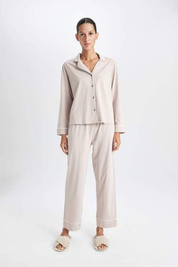 DeFacto Fall in Love Pajamas Set Basic Solid Long Sleeve Top Stretchy Waisted Long Bottom D5779Ax24Au