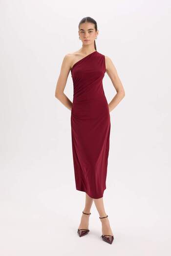 DeFacto Bodycon Bodycon Basic Plain One Shoulder Burgundy Midi Dress E2469Ax24Wn