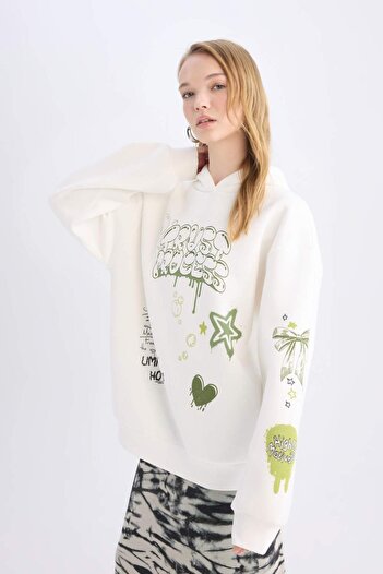 DeFacto Cool Oversize Φαρδιά Μορφή με κουκούλα πίσω εμπριμέ χοντρό φούτερ D6705AX24WN