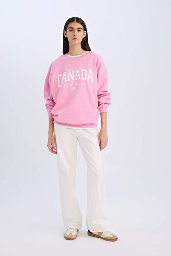 DeFacto Oversize Wide Fit Crew Neck Παχύ φούτερ με στάμπα D9805AX24WN