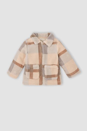 DeFacto Baby Girl Shirt Collar Zippered Square Patterned Welsoft Plush Cardigan D3826A524Wn