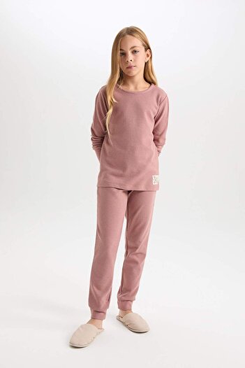 DeFacto Girls' Pajamas Suit Woven Label Waffle Long Sleeve Top with Elastic Waist Long Bottom D6054A824Au