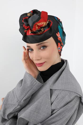 Aisha's Design Patterned Satin Bonnet Turban That Can Be Tied from the Back, Db-116