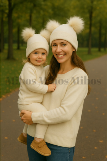 Mihos Mother Child Combination Pompom Beanie Set - Women's and Children's Double Pompom Winter Beanie