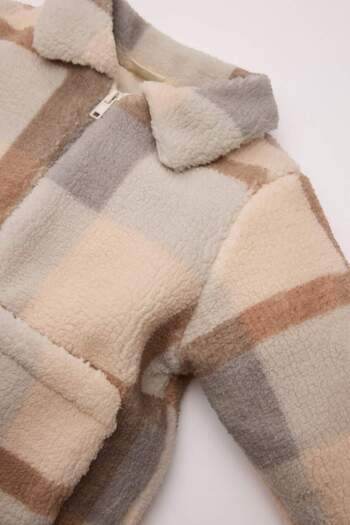 DeFacto Baby Girl Shirt Collar Zippered Square Patterned Welsoft Plush Cardigan D3826A524Wn