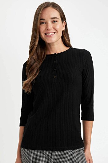 DeFacto Black Regular Fit Crew Neck Ribbed Camisole Button Half Sleeve Basic Plain T-Shirt D7491Ax24Au