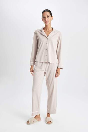 DeFacto Fall in Love Pajamas Set Basic Solid Long Sleeve Top Stretchy Waisted Long Bottom D5779Ax24Au