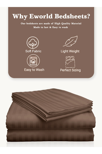 Eworld 3 Piece Brown Striped Cotton Single Bed Sheet Set – Flat Sheet & 2 Pillowcases