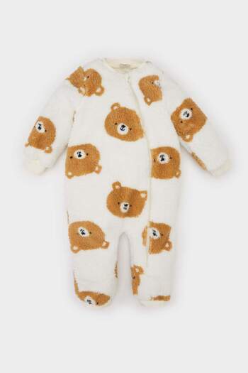 DeFacto Baby Boy Newborn Bear Pattern Zippered Long Sleeve Plush Jumpsuit D6029A524Wn