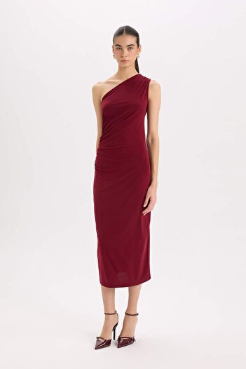 DeFacto Bodycon Vücudu Saran Basic Düz Tek Omuzlu Bordo Midi Elbise E2469AX24WN