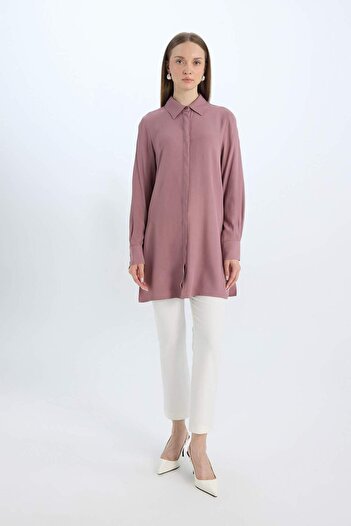 DeFacto Relax Fit Shirt Collar Side Tie-Up Long Sleeve Basic Plain Shirt Tunic D7200Ax24Wn