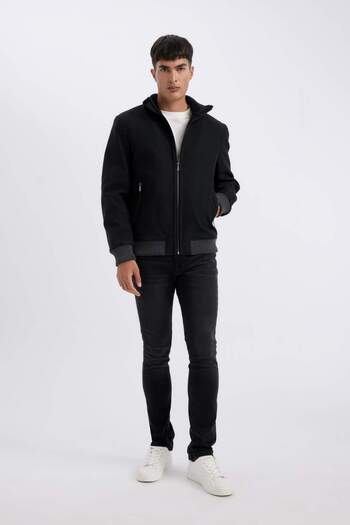 DeFacto Slim Fit παλτό Μπουφάν Slim Fit Stand γιακά με επένδυση με διπλή τσέπη με φερμουάρ Εποχιακό συνθετικό δέρμα C5633AX24WN