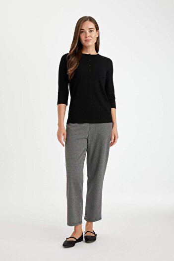 DeFacto Black Regular Fit Crew Neck Ribbed Camisole Button Half Sleeve Basic Plain T-Shirt D7491Ax24Au