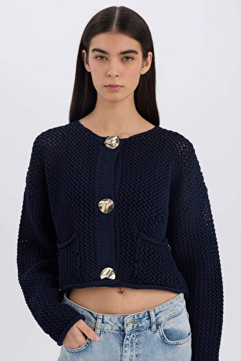 DeFacto Relax Fit Crew Neck Button Knit Patterned Knitwear Cardigan E1962Ax24Wn