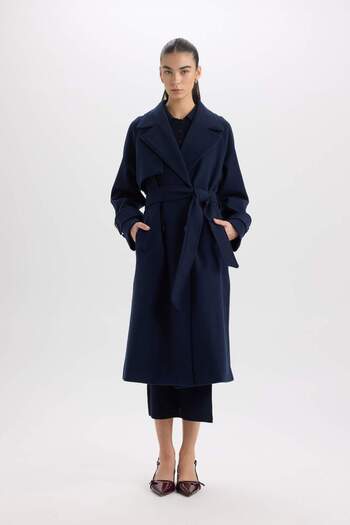 DeFacto Long Stamp Coat - Regular Fit, Button-Down Collar, Epaulette with Pockets, Belt D3999Ax24Wn