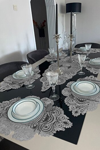 Çt Çeyizci Tekstil American Placemat, 1 Runner 6 Plate Food Service Set, Tablecloth Set, Service Presentation Set - Gray